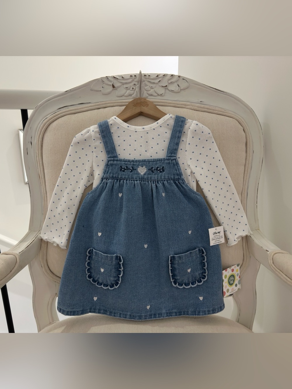 🦢 18 Mth Embroidered Heart Denim Pinafore Dress & Polka Dot Top 100% Cotton NWT